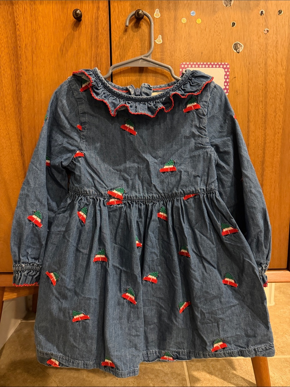 Mini Boden Denim Dress with Red & Green Embroidery
